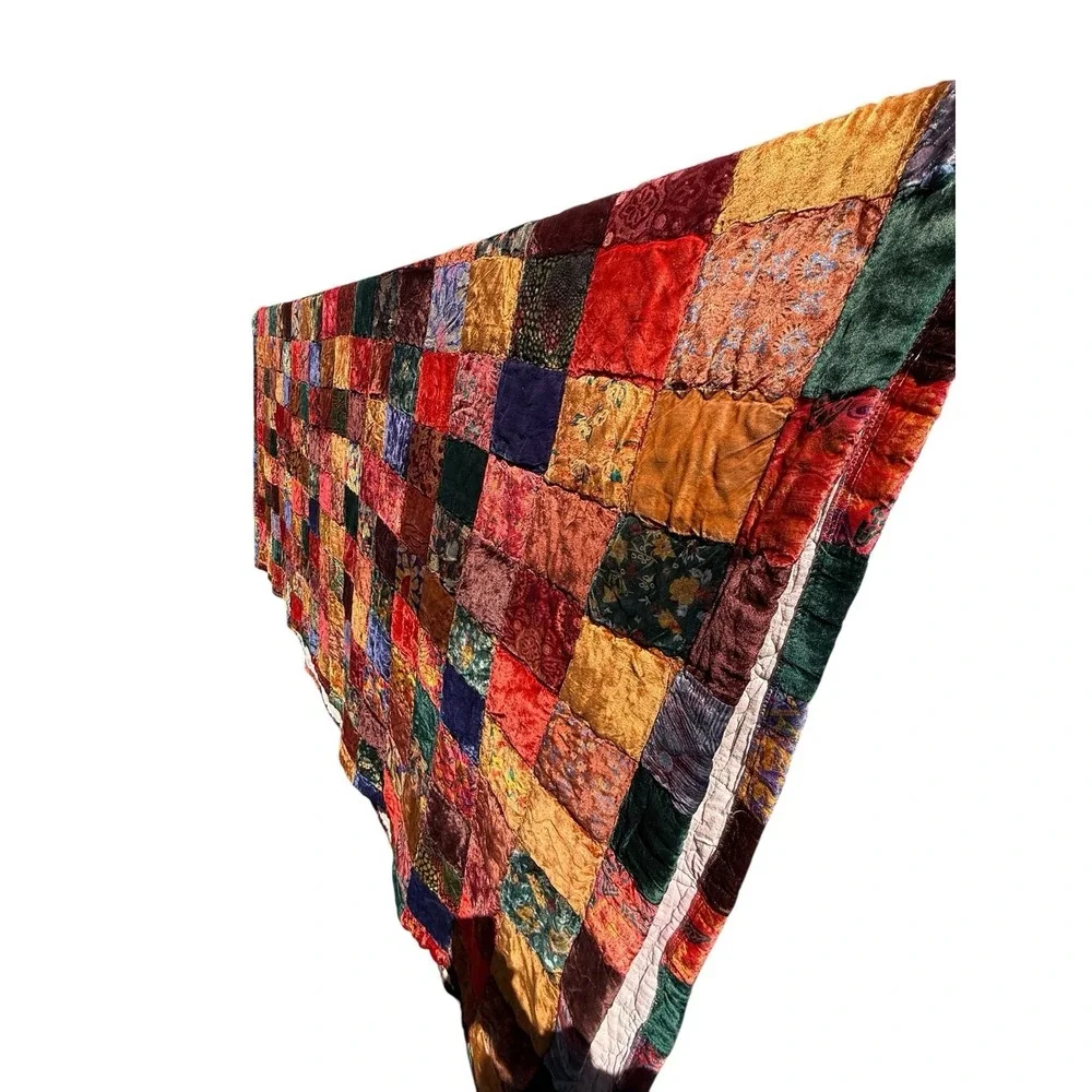 Vtg Velvet Patchwork Quilt Bedspread‎ Q/King Boho Cozy Cottage Witchy READ